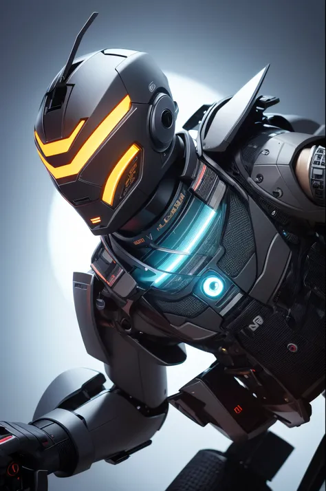 Hyper-realistic image of a robot wearing a cybertrashpunk samurai helmet with a Light Shinobi mask, in a position that reflects being a divinity in cyberspace. The lighting should be intense, with neon colors and bursts of light that enhance the figure of ...