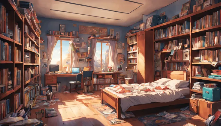 messy room, bookcase, bed, table, masterpieces, hd, high quality, high-quality, high-quality, high-quality, high-details, master...