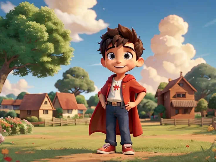 Boy standing, with red cape fluttering in the wind, exibindo um sorriso confiante no rosto. Ao fundo, o sol brilhante ilumina uma cidade colorida e vibrante, with houses and leafy trees. In the sky some fluffy and animated clouds forming fun figures