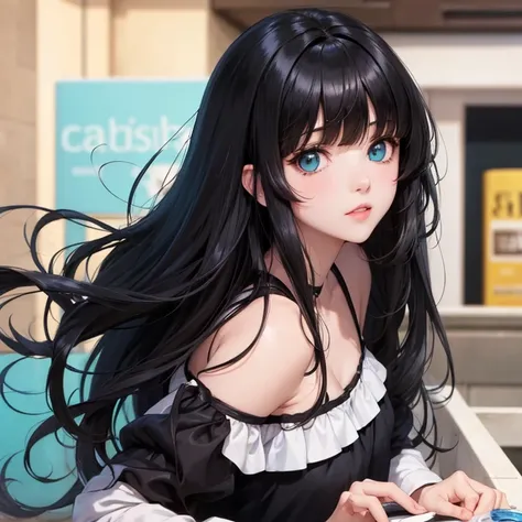 Anime girl with silky black hair blue eyes and bangs out with a boy with semi-curly dark brown hair and teal eyes for dinner