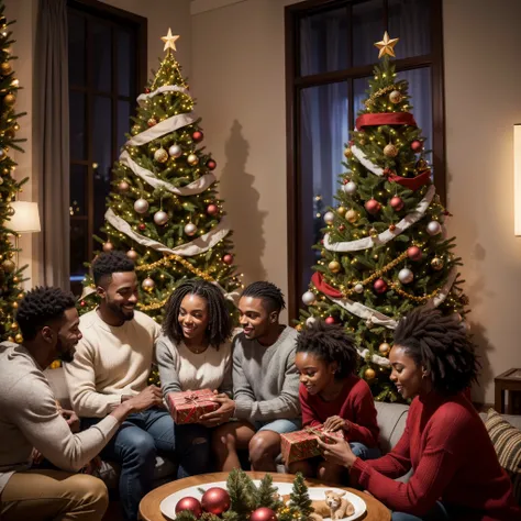 High quality, Ultra HD, 8K, create a masterpiece scene of black african family, dark skin, brown skin, enjoying christmas day in their house, while they are sharing gift, in the night, colorful christmas trees in the background.