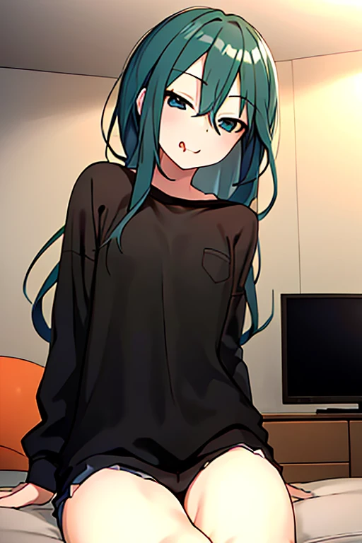 (masterpiece:1.1, best quality, highly detailed), dynamic angle, 1girl, sitting, natsumi normal, black shirt, living room, television, bright, SUCKING DICK