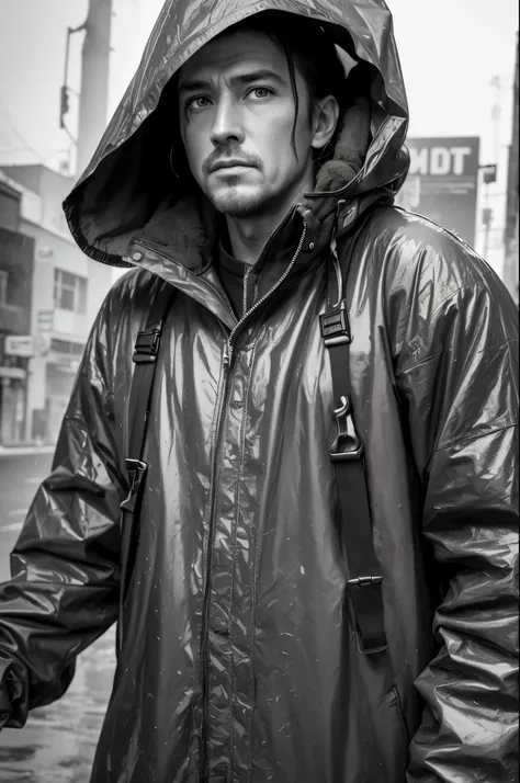 photorealism, hyperrealism, cinematic-still, A striking street-style portrait of a rugged post-apocalyptic survivor braving the elements. Dressed in a plastic raincoat with a worn texture, they stand against a backdrop of a desolate urban environment. The ...