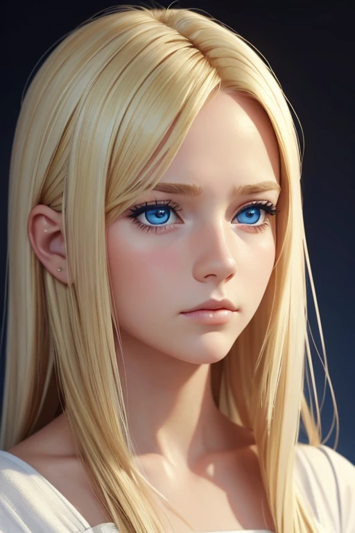 Portrait, 1girl, female, (masterpiece:1.3), (best cinematic quality:1.2), white background, render, detailed face, beautiful face, blonde hair, blonde hair, straight hair, blue eyes, young woman, white dress, sad face,