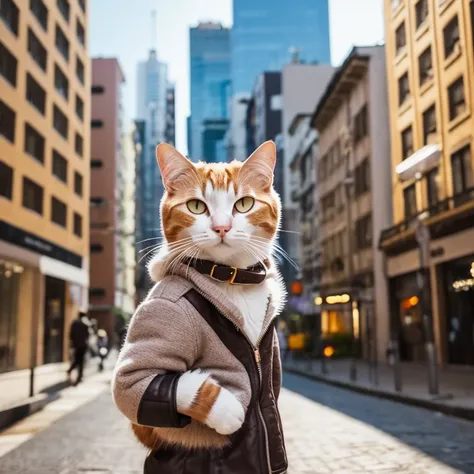 gato com jaqueta rosa e fone de ouvido, blurred background of a bright city with many buildings.