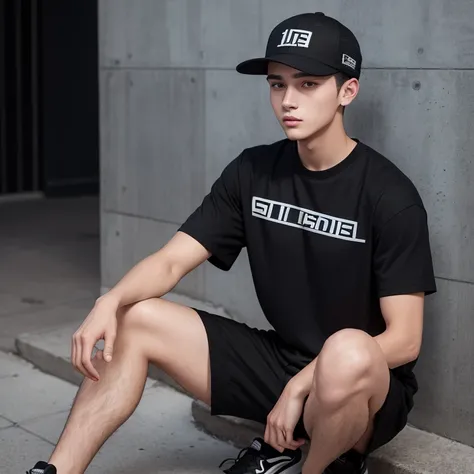 "(23-year-old young man in high quality and resolution, full body) wearing an ultra-realistic streetwear:1.2 with a plain black shirt and a black trucker cap."