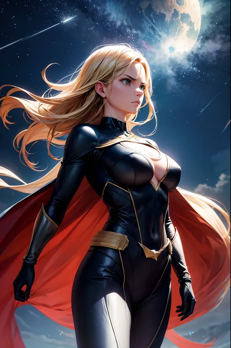 A hyperrealistic, cinematic-still portrait of a superhero, standing in a heroic pose, with a determined expression and a backdrop of a star-filled night sky. mega tits