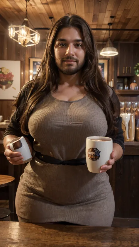 (best quality,4k,highres,ultra-detailed,realistic:1.37),vibrant portrait,beautiful fat cafe worker lady with a long big beard,long beautiful hair,manly chiseled face,expressive eyes,lovely smile,stylish outfit,confident stance,coffee cup,cozy atmosphere,ar...