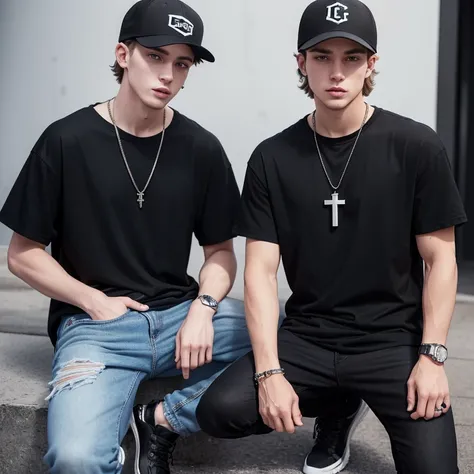 "(25-year-old Caucasian man in high quality and resolution, full body) wearing an ultra-realistic streetwear:1.2 with a plain black shirt and a black trucker cap, black jeans with rips at knees, black boots, chain with cross pendant."