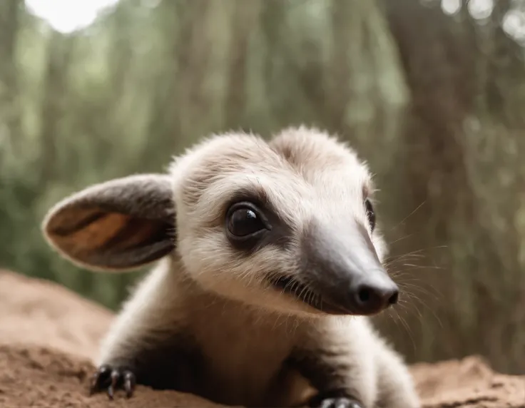 In the cave，Little cute anteater, baby, large ears, elongated nose,,, silver wool, comes out of the hole, dark fantasy style, Fairytale style, cartoonish style, hobbit style, John Tolkien style,