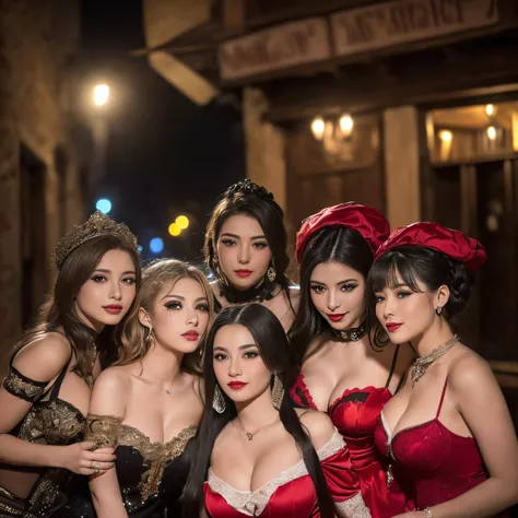 ((top-quality、masutepiece、8K、Top image quality、Highly complex and detailed depictions))、(group photo of italian prostitutes:1.5)、(5 prostitutes in the most gorgeous and extravagant outfits:1.3)、(5 most gorgeous and beautiful prostitutes:1.3)、(Five prostitu...