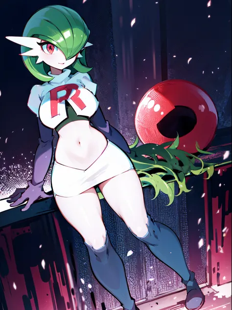 gardevoir,1girl,team rocket,team rocket uniform,white skirt,crop top,black thigh-highs,black elbow gloves,