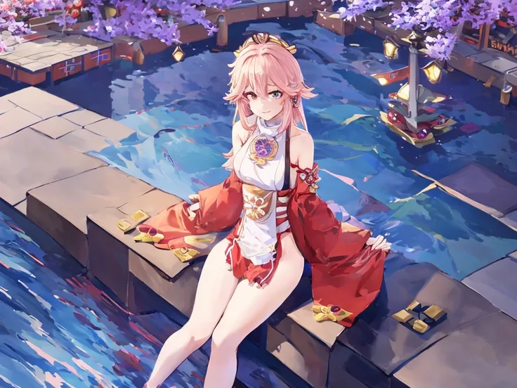 Anime girl sitting on the pier，There are boats in the water, 《the original god》Keqing in, Ayaka Genshin impact, anime goddess, ayaka game genshin impact, 8K high quality detail art, detailed digital anime art, the original god, Anime fantasy artwork, Anime...