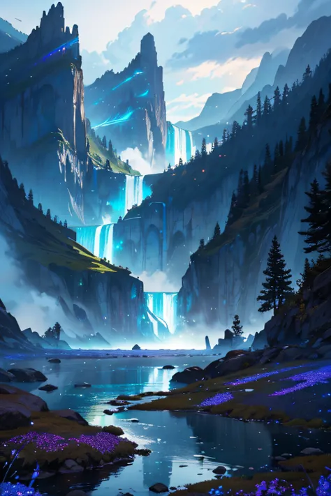 Craft an awe-inspiring scene set in a distant, mythical realm where ancient dragons soar through iridescent skies, casting vibrant reflections upon cascading waterfalls that flow into a hidden valley adorned with floating islands. Envision a hero, clad in ...