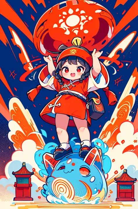 Game character design，(((Vector illustration style)))，(1 chubby child，Wearing the legendary Chinese New Year red costume，Wearing an auspicious gemstone headdresuwa#39;s facial expression  cute and enthusiastic，The eyes are shining，The corners of the mouth ...