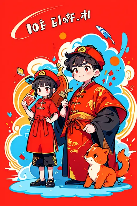 Game character design，(((Vector illustration style)))，(1 cute little boy，Wearing a red hat，Wearing Chinese red clothes，The clothes are painted with golden dragons、Phoenix and other patterns，Highlighting the theme of 2024 as the Year of the Dragon in the Ch...