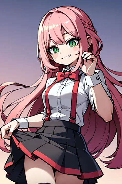 Smile, happy, skirt, pink hair, long hair, long pink hair, breasts, pov below, looking from below, cute, cutesy, stickers on face, stickers, green eyes, bowtie, red bowtie