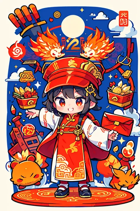 Game character design，(((Vector illustration style)))，(1 cute little boy，Wearing a red hat，Wearing Chinese red clothes，The clothes are painted with golden dragons、Phoenix and other patterns，Highlighting the theme of 2024 as the Year of the Dragon in the Ch...