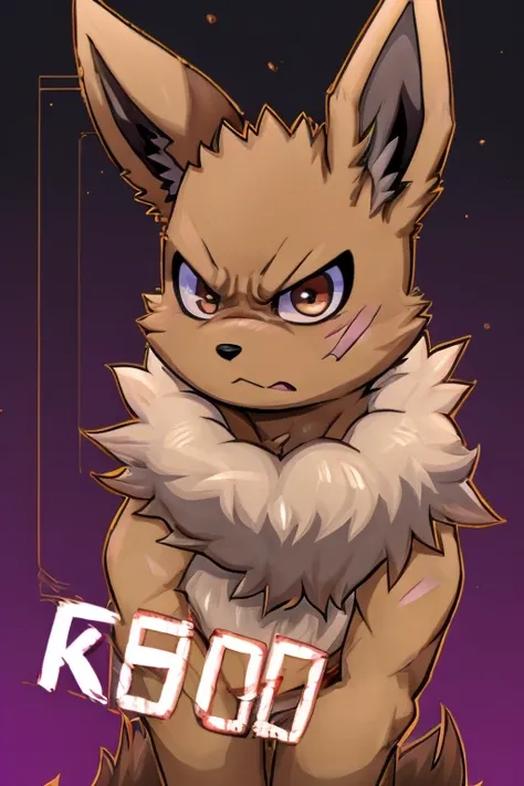 illustration style, anime, feral eevee, with an whiter humanoid face, purple and gray inner ears, light brown fur, light skinny ...