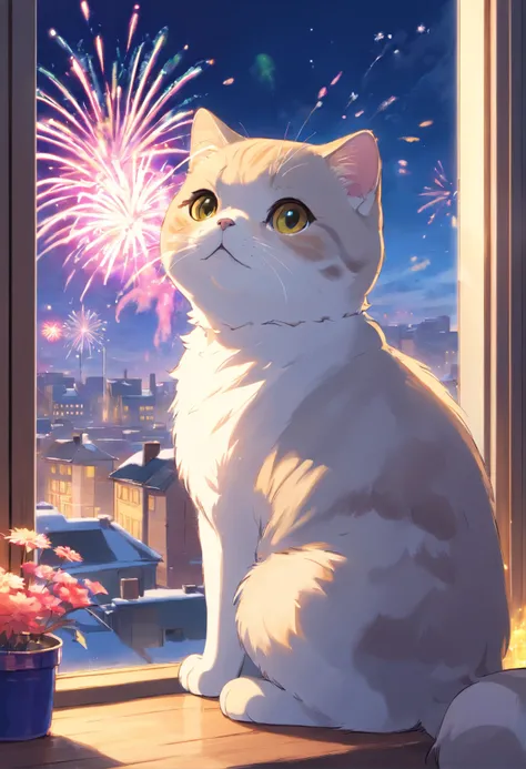 a scottish fold cat, adorable, snowy day, ((Beautiful fireworks outside the window，Huge and colorful fireworks，Colorful))