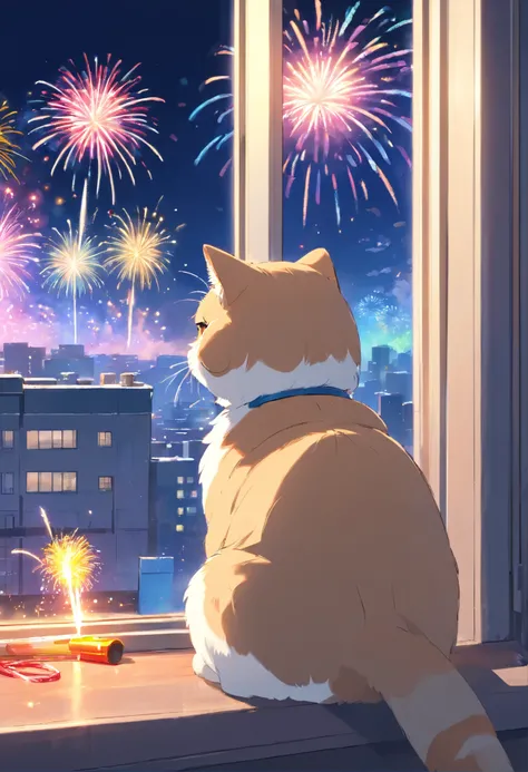 a scottish fold cat, adorable, snowy day, ((Beautiful fireworks outside the window，Huge and colorful fireworks，Colorful))