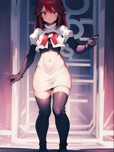 rosariarnd, team rocket,team rocket uniform, red letter R, white skirt,white crop top,black thigh-highs,black elbow gloves