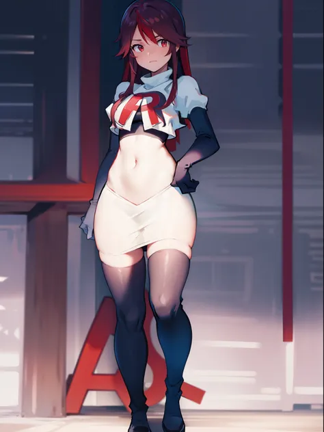 rosariarnd, team rocket,team rocket uniform, red letter R, white skirt,white crop top,black thigh-highs,black elbow gloves