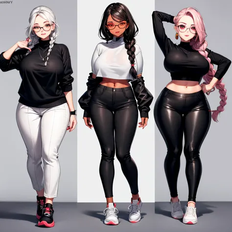 Swaggy, cute rosy lips,grey combat trouser,black crop sweater, cute white & black sneakers,curvy body shape,long black lashes,black & white nail tips, big dark pink fashion eye glasses,long black and red braided hair