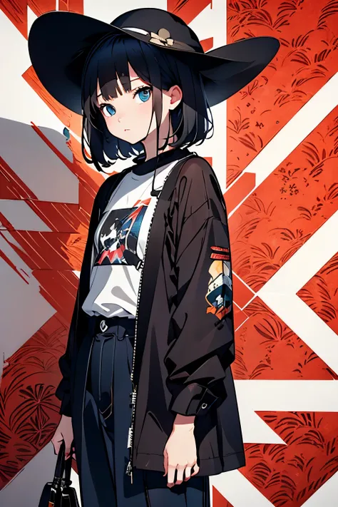 complex geometric pattern background、dark color、Anime style、cowboy  shot、Cute little girl s、a short bob、Looking away、white baggyＴThe shirt、printed shirt、loose-fitting clothes、Retro、top-quality、ultra-detailliert、High quality detailing