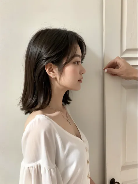 ((top-quality、8k、​masterpiece:1.3))、1girl in、(random hair styles:1.2)、Super detailed face、detailedeyes、二重まぶた、hairarmpits、Raw photo、white walls、Taken in front of the white door、(white wall room with window)、(Wear elegant clothes (White) Button shirt:1.2),Cl...