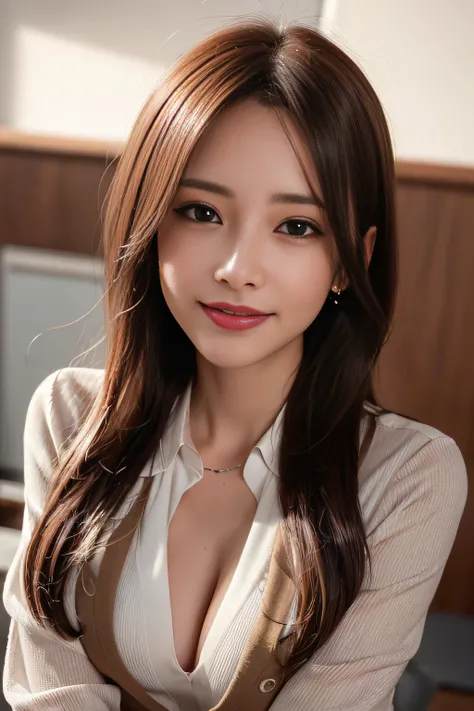 masutepiece, Best Quality, Photorealistic, Ultra-detailed, finely detail, High resolution, 8K Wallpaper, 1 beautiful woman,, light brown messy hair, in a business suit, foco nítido, Perfect dynamic composition, Beautiful detailed eyes, detailed hairs, Deta...