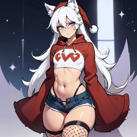 Femboy with wolf ears, has white hair,  male, male, short, wearing cropped christmas hoodie, wearing denim short shorts, wearing thigh high fishnets, wearing black combat boots, SOLO, ALONE, (SOLO)(ALONE), has blue eyes, (Perfect eyeasterpiece) thick thigh...