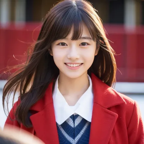 Japan smiling girls, Beautiful face, He wears a school uniform consisting of a red coat and white shirt.,  Facing the camera. her expression shows a slight tremor, While the lighting in the scene remains neutral. top quality picture, Ultra high resolution ...