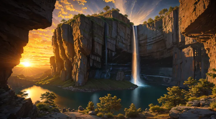 alien landscape, imagination, (realista), clear sky, compositing, sun sunset, (HDR:1.5), lake, waterfall, canyon