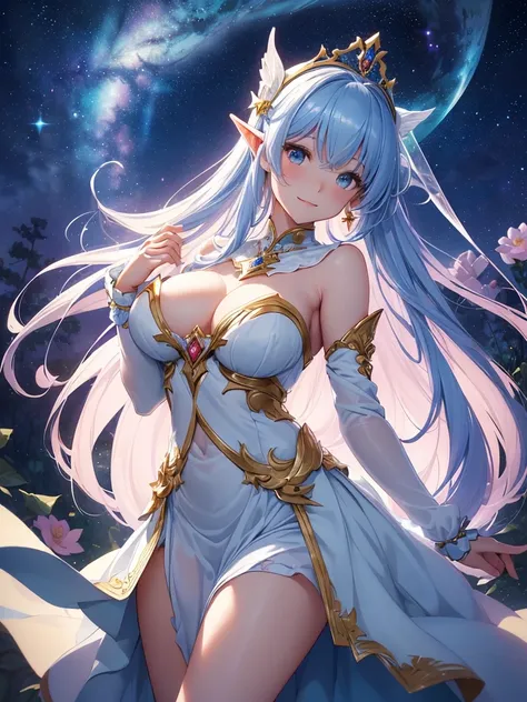 top-quality、Top image quality、​masterpiece、Super beautiful fairy girl((24 year old、Best Bust、big bast、Bust 90,beautiful blue long ironed hair、A slender、a closeup、Esbian、beautiful tiara、hiquality、Beautiful Art、Background with((starrysky)))masutepiece、visual...