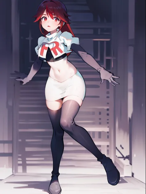 rosariarnd, team rocket,team rocket uniform, red letter r, white skirt,white crop top,black thigh-highs,black elbow gloves