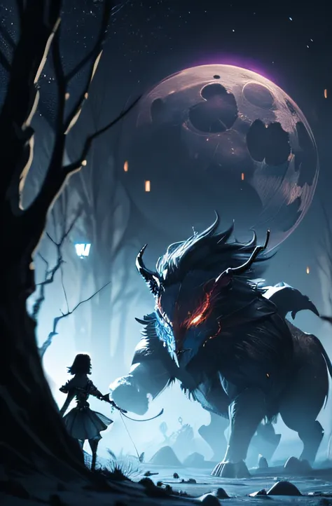 magical battle between a girl and a creature in thr moonlight