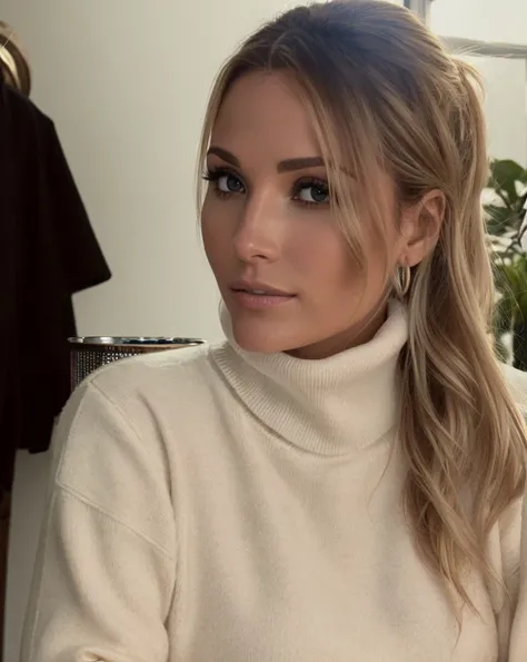 arafed woman in a white turtle neck sweater holding a plate of food, wearing turtleneck, in white turtleneck shirt, inspired by Gina Pellón, profile image, woman looks like sharon tate, wearing a turtleneck and jacket, brunette with dyed blonde hair, magda...