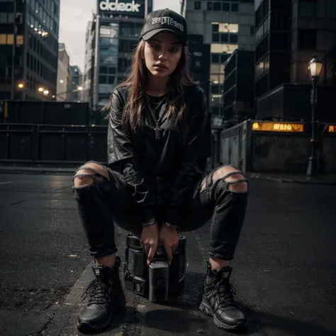 "(25-year-old Caucasian female in high quality and resolution, detailed face, full body) wearing an ultra-realistic streetwear:1.2 with a plain black shirt and a black trucker cap, black jeans with rips at knees, black boots, chain with cross pendant. Surr...