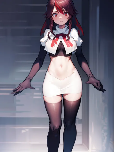 rosariarnd, team rocket,team rocket uniform, red letter r, white skirt,white crop top,black thigh-highs,black elbow gloves