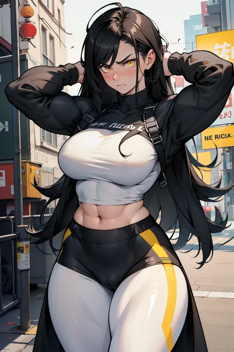 1girl solo black hair yellow eyes very long hair pale skin muscular muscular muscular muscular toned body huge muscles thick thighs girl tight clothes angry blushing messy hair leggings tight shirt long sleeves