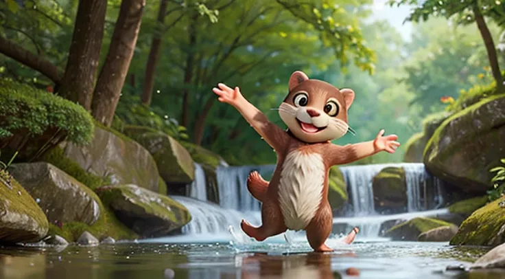 A lively otter sliding into a sparkling stream, twirling and flipping joyfully, with smiling woodland creatures watching nearby.