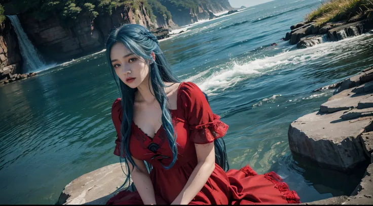 High dynamic range 10, beuaty girl, 詳細な目, 詳細な唇, very long hair blue hair, Ultra-detailed texture, water dripping, Outdoor activities, games of thrones, Red heavy dress, (High detail red dress:1.5), Lace, loopy, gentlesoftlighting, sitted,