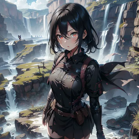 mikasa ackerman, hiperfoco, very high quality image, secretary, roupa curta apertada, camisa branca, waterfall, encaixar, hyper-...