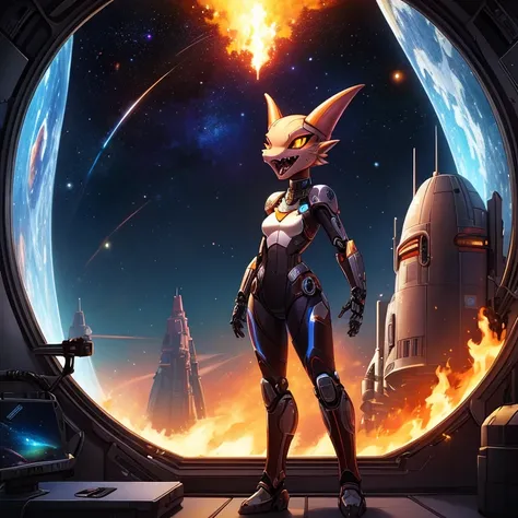 female, furry, metalic, robotic, anthro, kobold, short, small breasts, open  mouth, fangs showing, thin body, standing in space ship, science fiction, looking out window, galaxy, stars, burning space ships,  high quality, masterpiece,