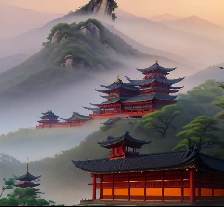 arafed pagoda in the middle of a mountain with a lot of trees, digital painting of a pagoda, dreamy chinese town, zen temple background, chinese landscape, ancient chinese architecture, pagodas on hills, dojo on a mountain, oriental wallpaper, japanese lan...