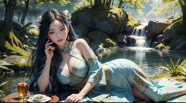 tmasterpiece, Best quality, offcial art, 8k wallpaper, very detailed nipples, illuminations,Woman in ancient costume drinking wine in forest fountain, chineseidol, ink, skyblue hair, Long gray hair, 詳細な目, Lying in the garden, shoulder, Hanfu, lake, pure, S...