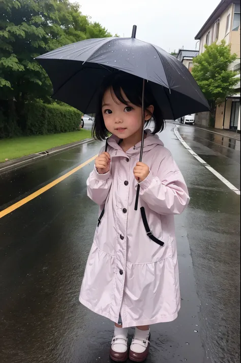 Photo of a little girl with an umbrella on a rainy day、Umbrellas are great、bustup、Eye Up、The road surface is wet、She enjoys the rain