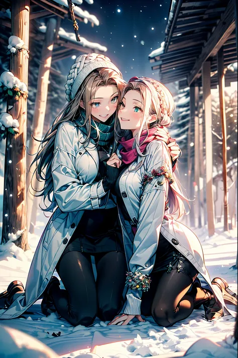 ((group photo:1.37, 2 girls:1.3, back hug, playing around in snowy field in forest:1.3, holding cute snow rabbit:1.3)), nordic, ...