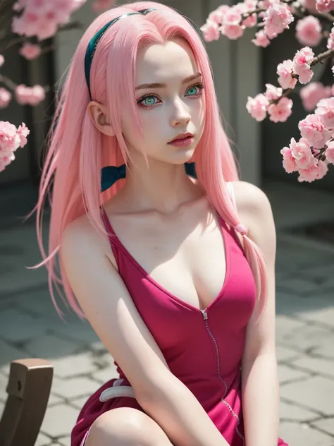 young woman, porcelain skin, long bubblegum pink hair, big pink lips, big emerald green eyes, pink eyebrows, red clothes, Sakura Haruno, 3d, realism, black gloves